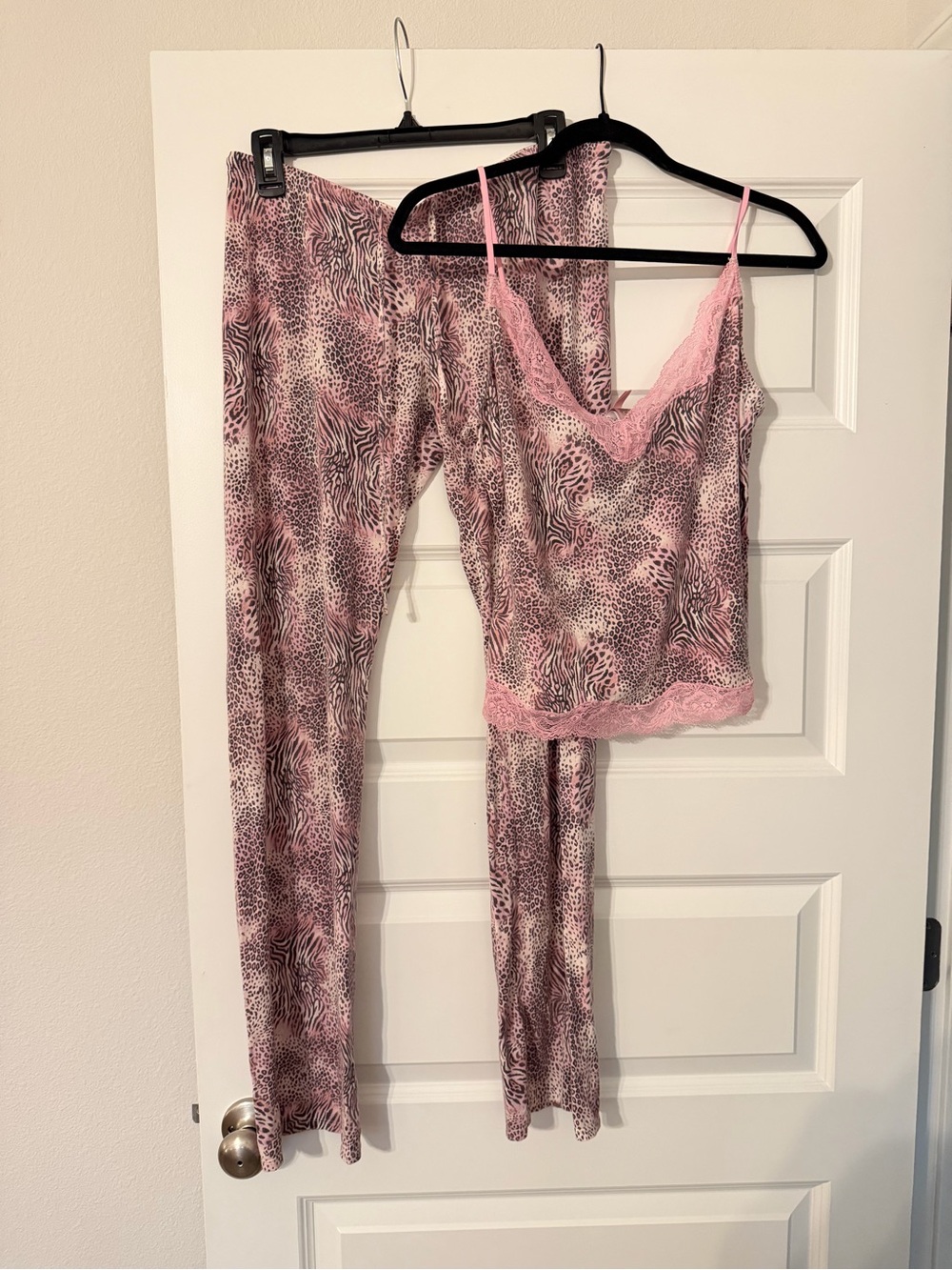 SKIMS Pink Animal-Print Lace Trim Pajama Set